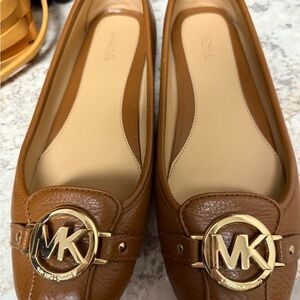 Michael Kors Brown Leather Flats with Gold Emblem